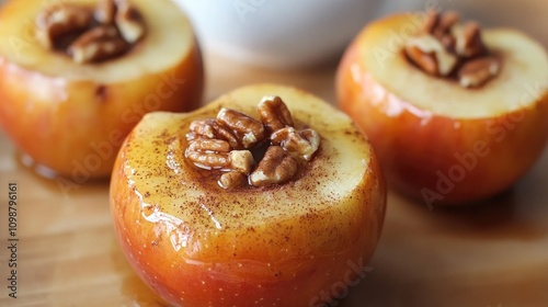 Baked apples topped with cinnamon, walnuts, and honey, showcasing a delightful and healthy dessert bursting with flavor and warmth.