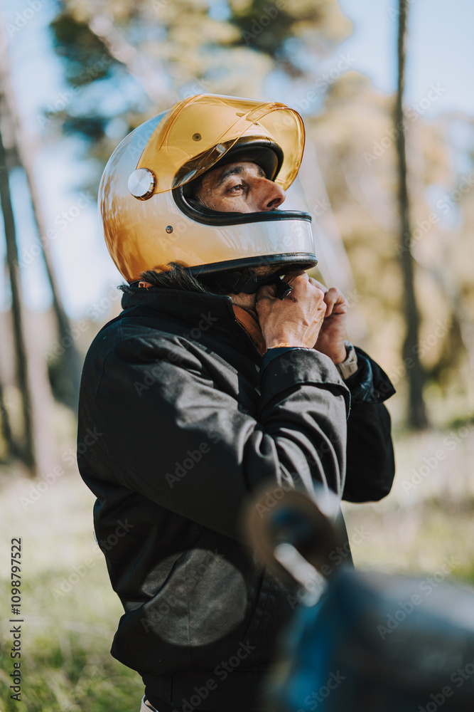 Hombre con barba y estilo alternativo con moto de campo en paso de bosque