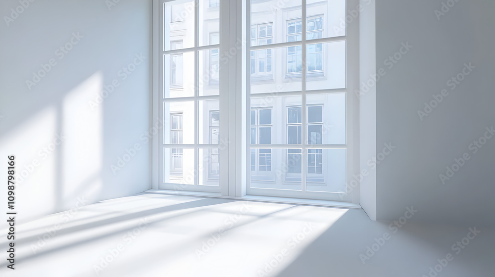 Fototapeta premium Bright Empty Room with Large Window Sunlight City View
