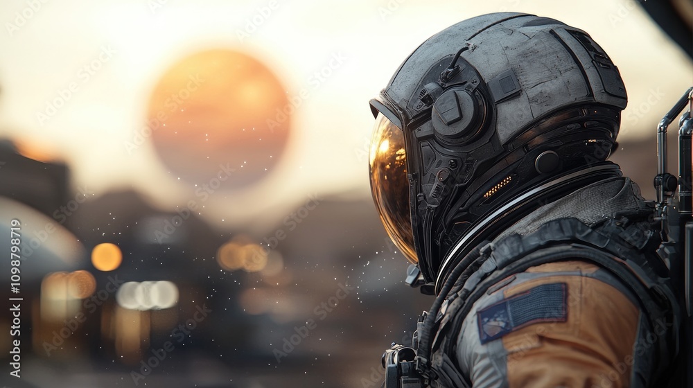 Fototapeta premium Astronaut observing distant sunsets on alien planet sci-fi landscape outer space futuristic viewpoint exploration concept