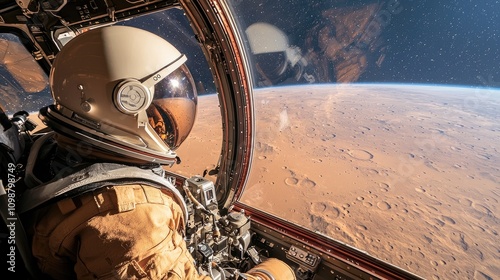 Astronaut exploring mars space capsule science image cosmic environment inside view space exploration concept