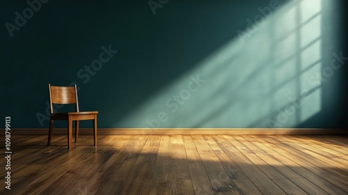 A vacant room features wooden floors and a solitary chair resting by the wall, filled with warm sunlight filtering through a window. Generative AI