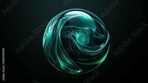 Isolated on black background, abstract 3D sphere flow lines wave blue green gradient. AI technology, science, music, modern concept.