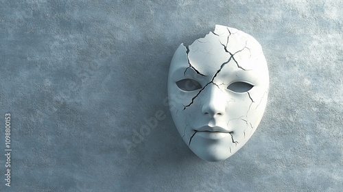 Broken white mask hanging on a textured wall representing hidden identity