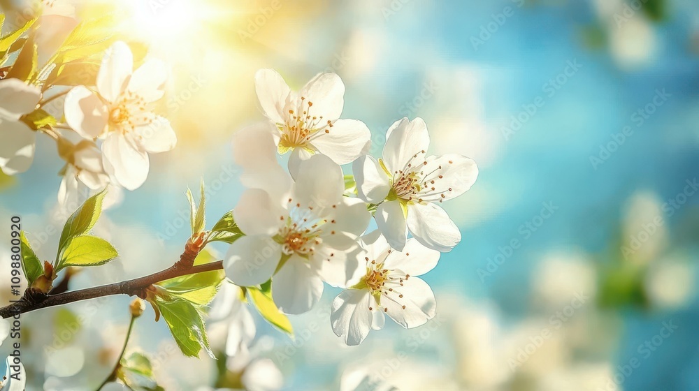 Obraz premium Spring Blooming - White Blossoms And Sunlight In The Sky