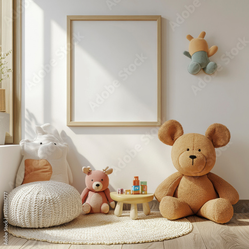 joli intérieur de chambre d'enfant avec un cadre photo carré sur une table avec des jouets photo