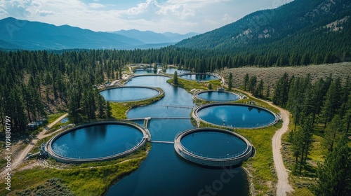 Aerial view of circular water storage tanks surrounded by lush greenery, showcasing renewable energy infrastructure in an alpine landscape during summer. photo