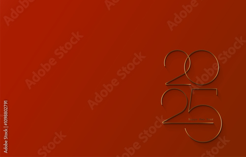 2025 New Year gold logo design. Holiday greeting card. Vector illustration. Holiday design for greeting card, invitation, calendar, party, golden holiday label isolated on red background