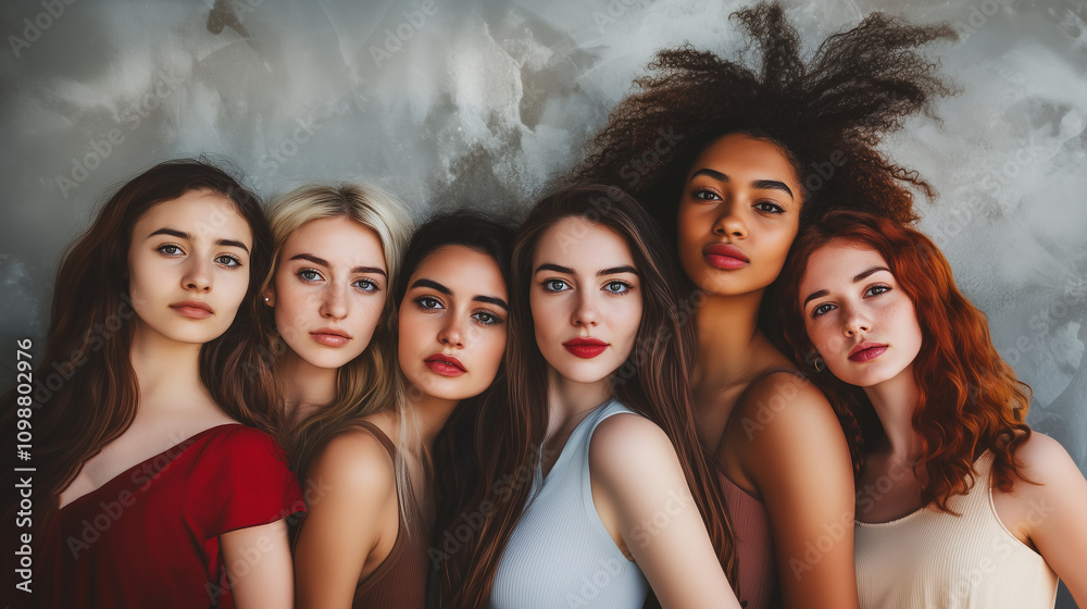 Obraz premium A group portrait of women of various races and nationalities standing side by side on a white background – celebrating diversity and female solidarity.