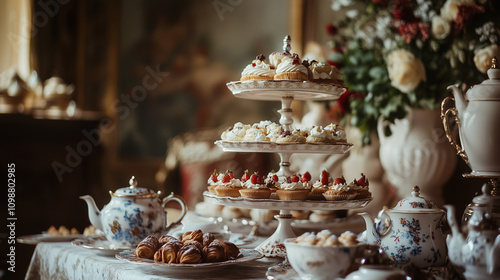 Wallpaper Mural A luxurious high tea ceremony with tiered trays of pastries, fine china, and a beautiful teapot Torontodigital.ca