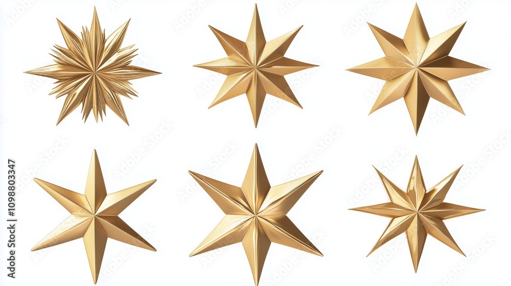 Obraz premium Decorative stars set isolated on white background. Vector 3d illustration. Golden geometric star shapes. Christmas holiday decoration elements