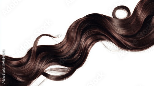 Silky healthy brunette wavy hair strand isolated on white background. Close-up of curly brown hairpiece, hairy ribbon, chignon hair extension clip art