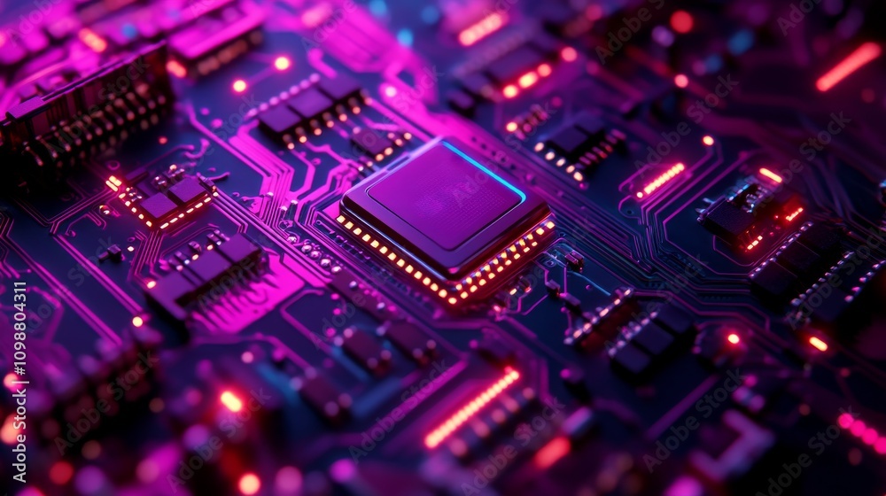 Obraz premium Close Up of a Circuit Board with Glowing Components