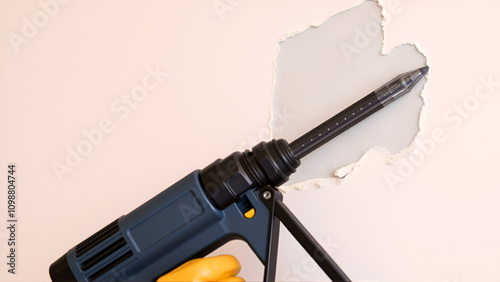 Close up of a worker using a drywall screw gun to secure a patch to wall studs photo