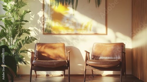 mid-century modern living room vignette featuring iconic leather and wood chairs, with clean lines and organic forms, set against a warm, textured wall with abstract art and trailing plants