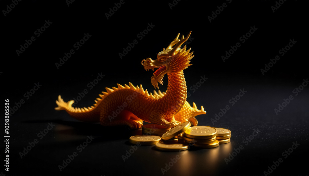Fototapeta premium Golden Dragon Figurine with Coins on Black Background