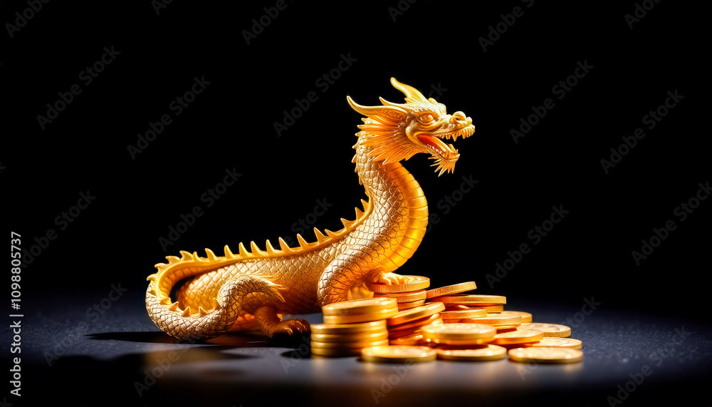 Fototapeta premium Golden Dragon Figurine with Coins on Black Background