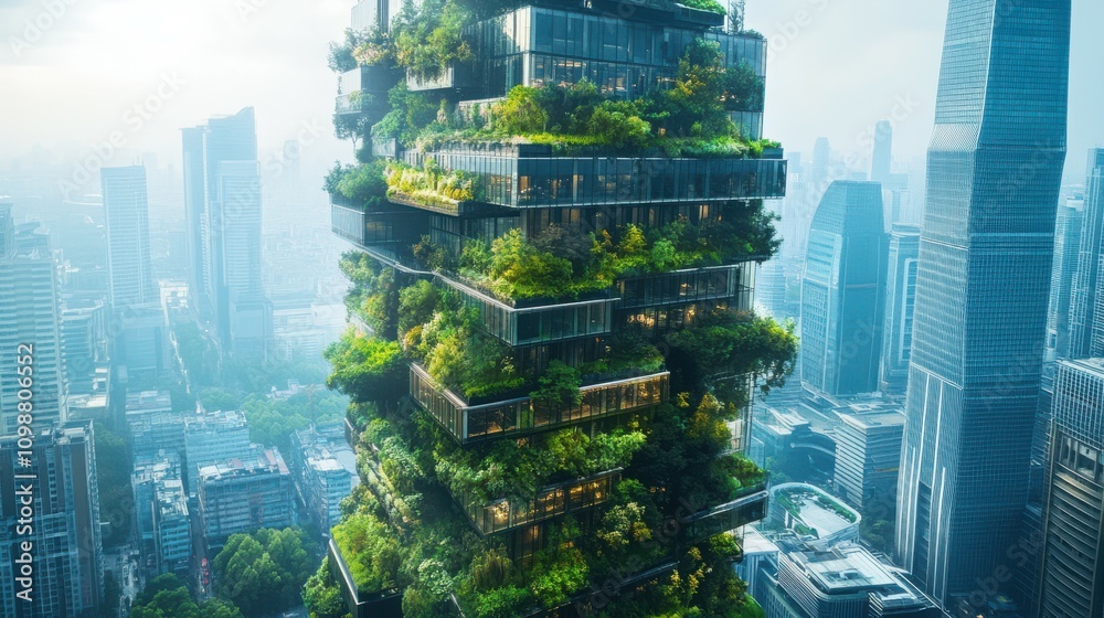 Obraz premium verdant metropolis futuristic skyscrapers adorned with cascading vertical gardens, merging sleek architecture with lush greenery in harmony with nature