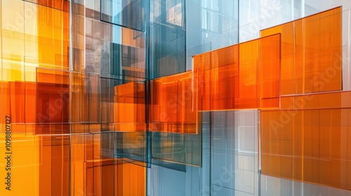 Overlapping orange and gray glass rectangles create a dynamic and layered visual effect in this abstract design