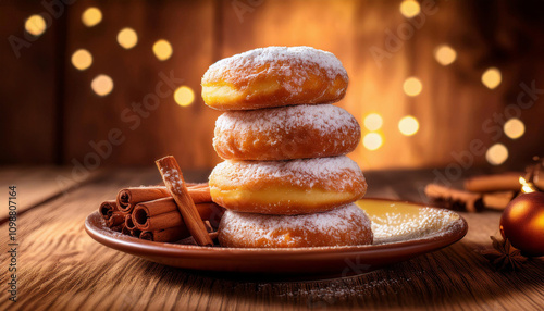 A stack of powdered sugar-dusted donuts sits on a plate alongside cinnamon sticks with warm, glowing bokeh lights in the background. photo