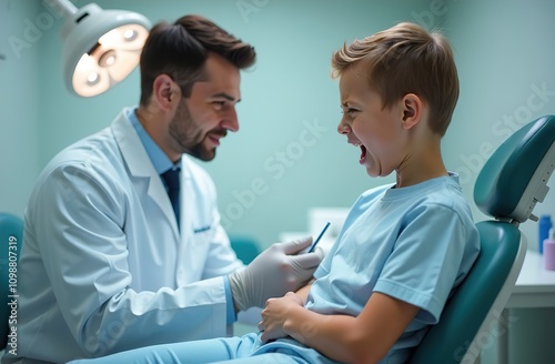 The dentist gave an anesthetic injection to extract a child's tooth. The child is afraid, but the doctor, a man, is kind. photo