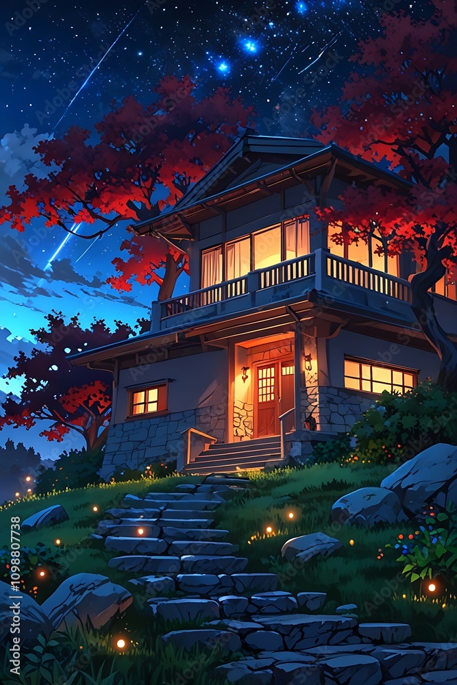 Fototapeta premium House at night and nature with stars in the background cartoon anime style