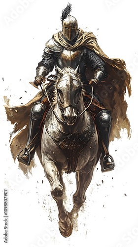 Knight riding a white horse, medieval fantasy illustration. photo