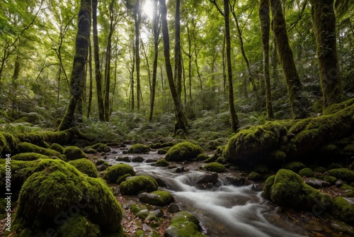 A serene and untouched forest bathed in the soft golden light of the late afternoon. Towering trees with thick trunks stretch high above, their lush green leaves forming a vibrant canopy that filters 