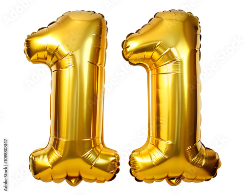 golden neon holografic foil balloon for birthday in the shape of the number   11 , isolated on the white background