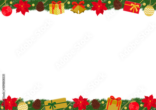 ベルやポインセチアで飾りつけた上下のクリスマスリースのフレームイラスト
