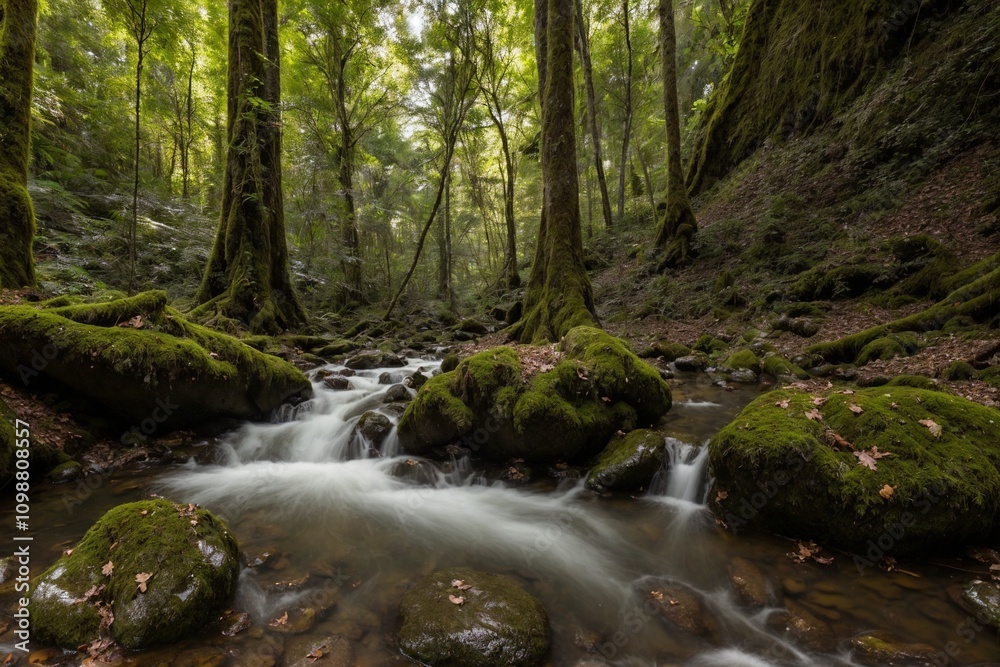 Obraz premium A serene and untouched forest bathed in the soft golden light of the late afternoon. Towering trees with thick trunks stretch high above, their lush green leaves forming a vibrant canopy that filters 