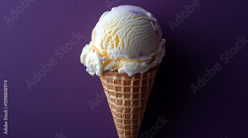 A minimalist composition of an ice cream scoop on a waffle cone, isolate on a deep purple background, clean design with high detail.