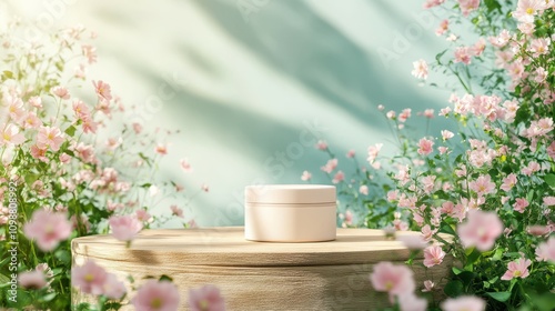Presentation of product with flowery background and wooden table during spring and summer