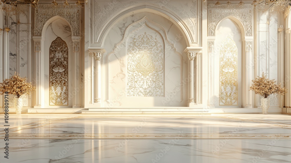 Naklejka premium A stunning ornate interior showcasing intricate marble and gold detailing, ideal for backgrounds in luxury event promotions, architectural designs, or wedding invites, Perfect for elegant themes,