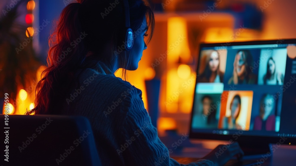 Obraz premium Woman Engaged in a Video Conference at Home