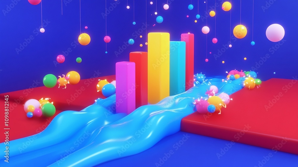 Fototapeta premium 3D Bar Graph with Light Particles in a Flowing River Design