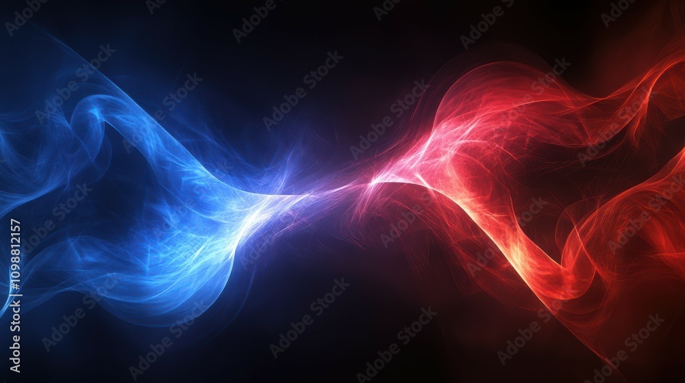 Fototapeta premium Waveforms in blue and red, with a dark background, creating an ethereal and dynamic visual.