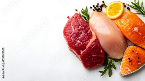 Top View of Raw Beef Steak, Chicken Breast, and Salmon on White Background photo