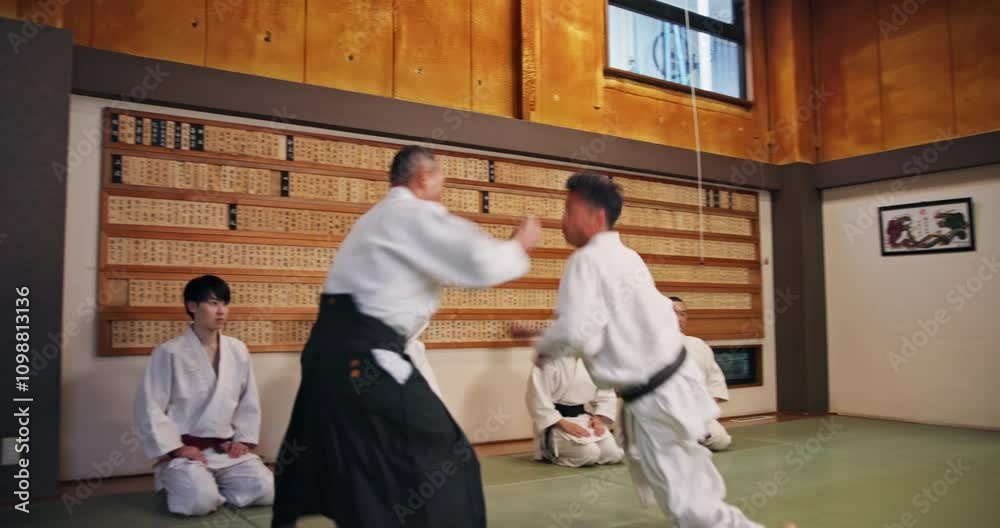 Teacher, students and martial arts in dojo for karate, kung fu and practice with fitness, people and battle. Fight, demonstration and sensei for training, class or self defense with exercise in Japan