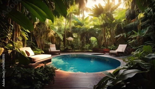 A tranquil tropical garden with a central pool surrounded by lush greenery and modern seating