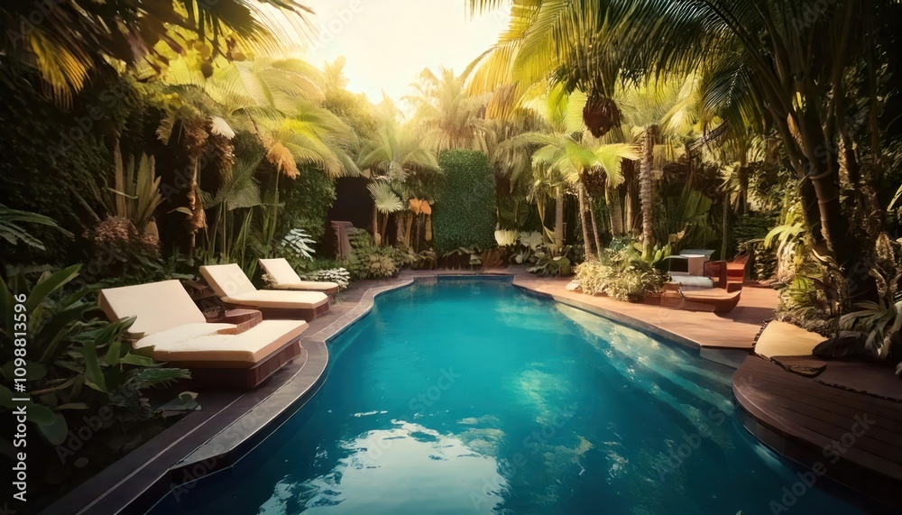 Fototapeta premium A tranquil tropical garden with a central pool surrounded by lush greenery and modern seating