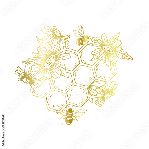 Golden linear honeycombs with honey-bearing winged insects bees and chamomile wildflowers. Vector graphics.