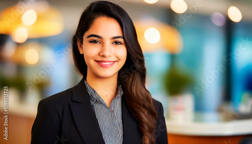 Happy Latina Bank Teller Lady