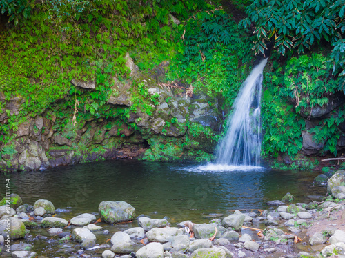 Poco Azul the blue lagoon of the Azores, Sao Miguel, Portugal. Aerial drone view of Poco Azul waterfall photo