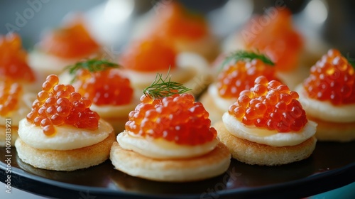 Russian style blinis topped with exquisite red caviar Delightful seafood treat photo