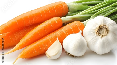 Close-up of carrots and garlic, rough textures, farm freshness and organic health concept photo