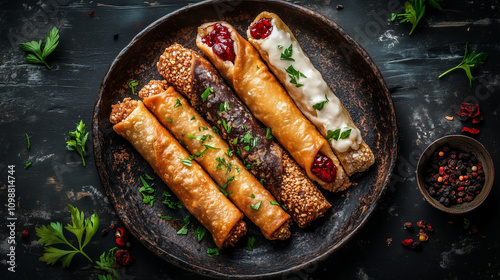 Zestaw cannoli z rozmaitymi nadzieniami od czekoladowych po pistacjowe,  elegancko podany na talerzu. photo