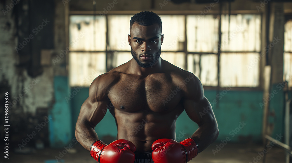 Fototapeta premium Młody bokser z wyrazistą muskulaturą, ubrany w czerwone rękawice, stojący w siłowni.