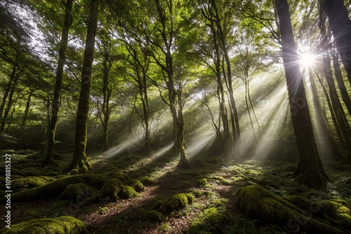 A dense forest filled with towering trees, their thick trunks covered in moss. photo