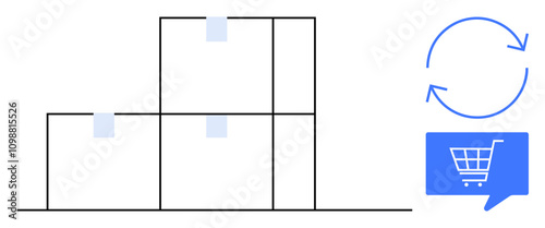 Three stacked boxes with shipping labels, blue synchronization arrows, and a shopping cart icon. Ideal for logistics, e-commerce, inventory management, shipping, online shopping, retail, supply